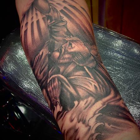 Black and Grey Religious Forearm piece, St. Peter. Design Thumbnail